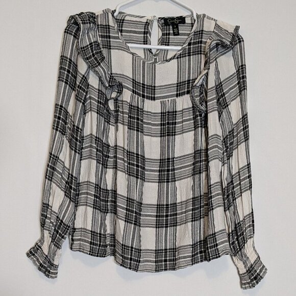 JESSICA SIMPSON Black & White Plaid Long Sleeve Pullover Peasant Top; Size S - Picture 2 of 7